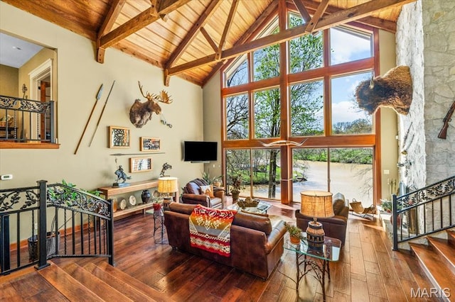 16480 Walnut Rail Rd, Chesterfield, MO 63005 - living area featuring hardwood / wood-style floors, high vaulted ceiling, wood ceiling, beam ceiling, and stairs