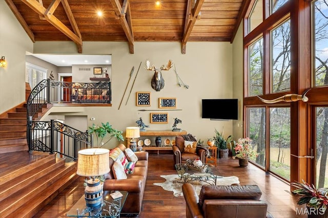 16480 Walnut Rail Rd, Chesterfield, MO 63005 - living area with wooden ceiling, high vaulted ceiling, hardwood / wood-style flooring, beam ceiling, and stairs