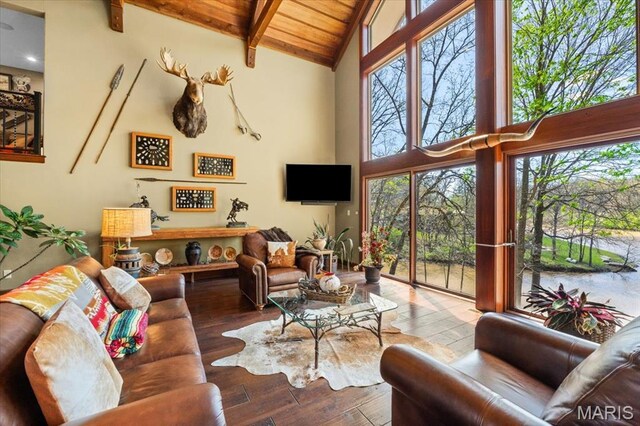 16480 Walnut Rail Rd, Chesterfield, MO 63005 - living area featuring high vaulted ceiling, beamed ceiling, hardwood / wood-style floors, wooden ceiling, and healthy amount of natural light