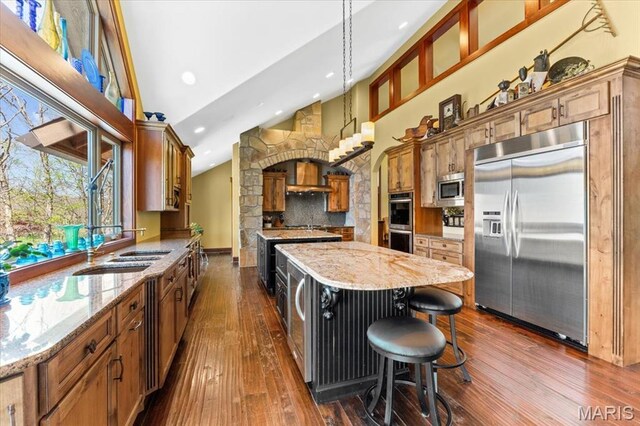 16480 Walnut Rail Rd, Chesterfield, MO 63005 - kitchen featuring stainless steel appliances, a sink, a kitchen island, dark wood finished floors, and wall chimney exhaust hood