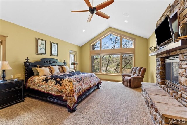 16480 Walnut Rail Rd, Chesterfield, MO 63005 - bedroom with a stone fireplace, lofted ceiling, carpet floors, recessed lighting, and ceiling fan