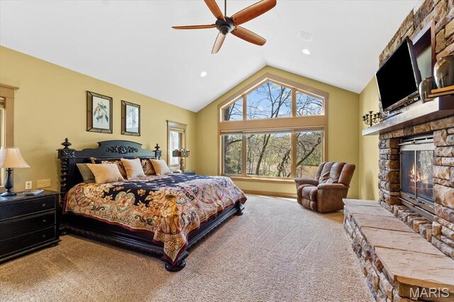 16480 Walnut Rail Rd, Chesterfield, MO 63005 - carpeted bedroom featuring a stone fireplace, vaulted ceiling, recessed lighting, and a ceiling fan