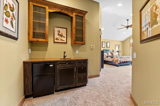16480 Walnut Rail Rd, Chesterfield, MO 63005 - hallway with light colored carpet, a sink, baseboards, recessed lighting, and lofted ceiling
