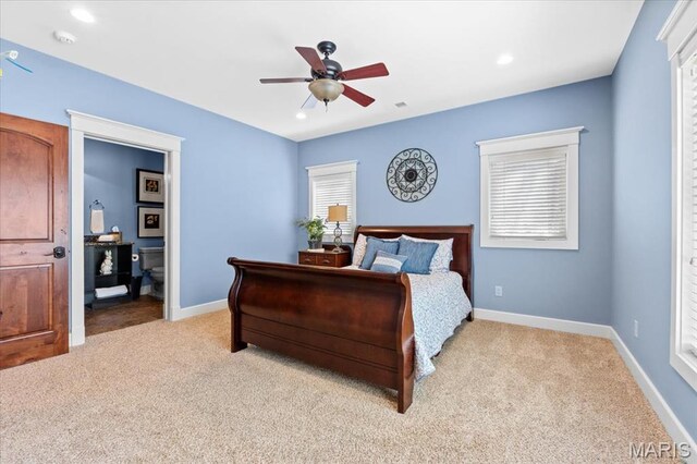 16480 Walnut Rail Rd, Chesterfield, MO 63005 - bedroom with light carpet, baseboards, recessed lighting, and a ceiling fan