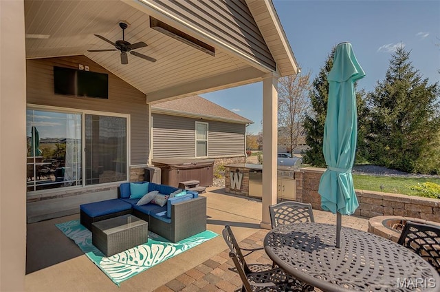 7048 Alston Ct, Edwardsville, IL 62025 - view of patio / terrace with a hot tub, a ceiling fan, outdoor dining area, an outdoor kitchen, and an outdoor living space