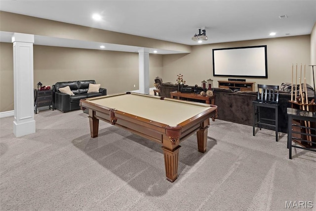 7048 Alston Ct, Edwardsville, IL 62025 - recreation room with light carpet, billiards, recessed lighting, and baseboards
