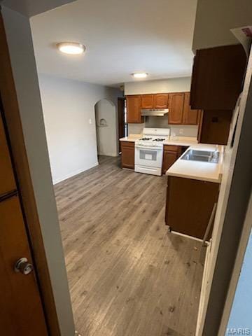 110 Barto Dr, Saint Louis, MO 63135 - kitchen with white gas stove, under cabinet range hood, arched walkways, light wood-style flooring, and light countertops