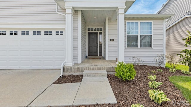 view of exterior entry featuring a garage and concrete driveway