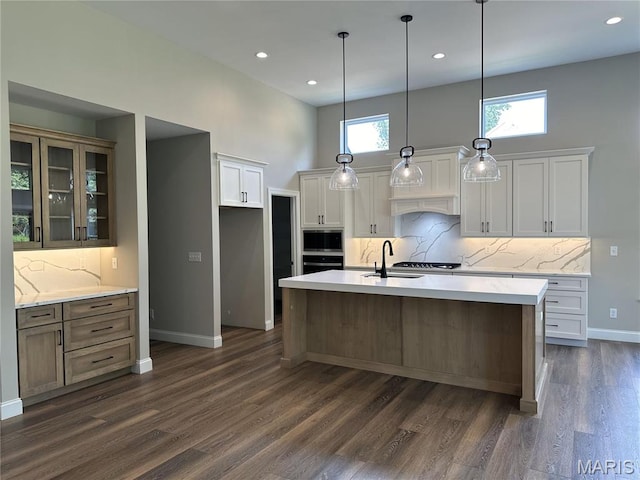 11906 Santino Ct, Creve Coeur, MO 63141 - kitchen with dark wood-type flooring, a sink, baseboards, backsplash, and recessed lighting