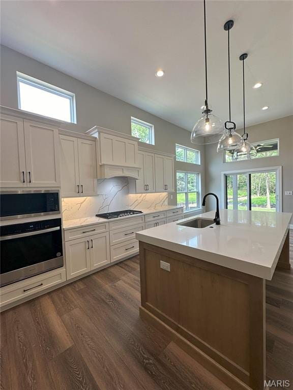 11906 Santino Ct, Creve Coeur, MO 63141 - kitchen featuring a sink, appliances with stainless steel finishes, light countertops, tasteful backsplash, and recessed lighting