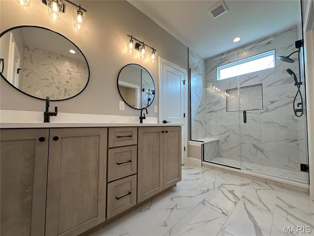 11906 Santino Ct, Creve Coeur, MO 63141 - full bathroom featuring marble look tile flooring, a marble finish shower, double vanity, and recessed lighting