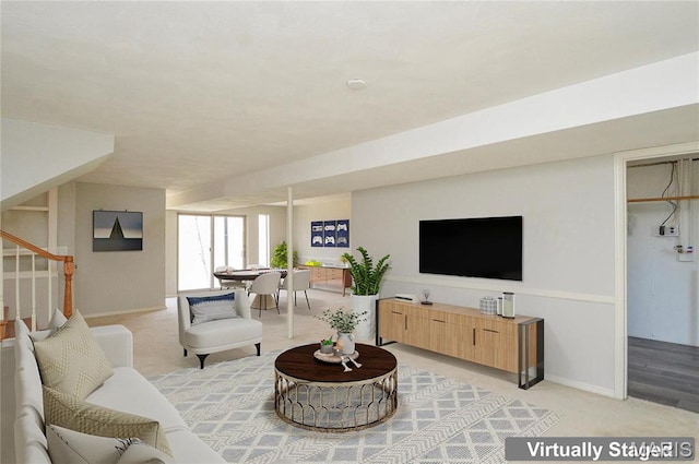 3019 Cedar Ridge Ln, Waterloo, IL 62298 - living room featuring light carpet, stairs, and baseboards
