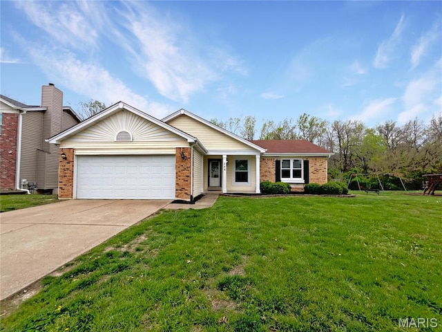 240 Barrington Dr, Saint Peters, MO 63376 - ranch-style home with brick siding, a garage, concrete driveway, and a front yard