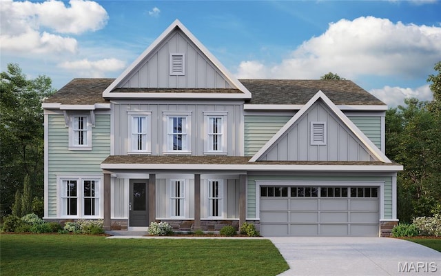 242 Kerry Downs Dr, Dardenne Prairie, MO 63368 - view of front of home featuring board and batten siding, a front yard, driveway, a garage, and stone siding