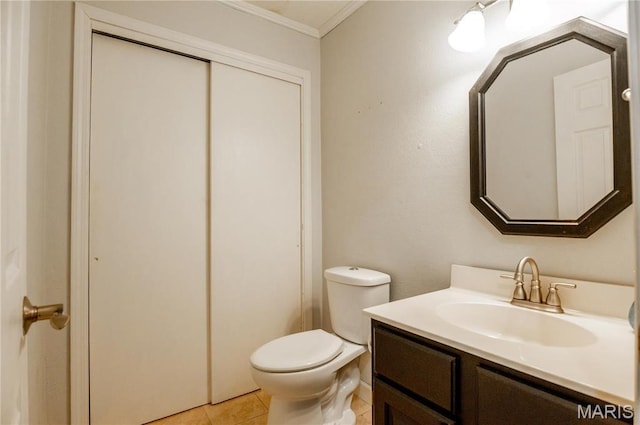 16747 Chalk Bluff Trl, Dexter, MO 63841 - half bathroom featuring ornamental molding, toilet, vanity, and tile patterned flooring