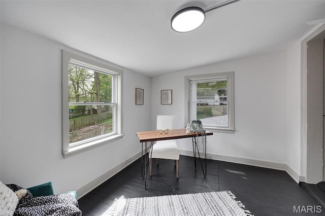 office space with dark wood finished floors and baseboards