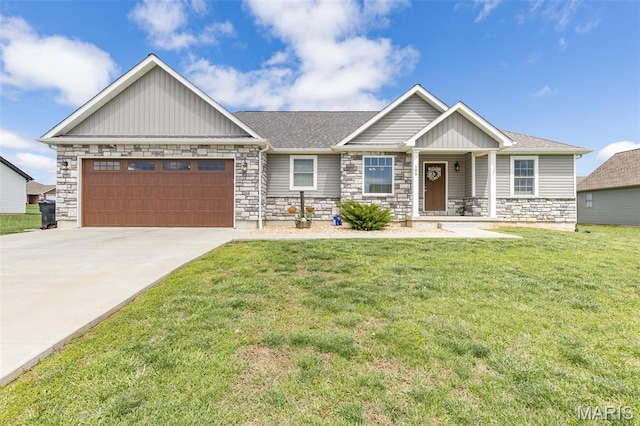 105 Shepherd Mountain Rd, Farmington, MO 63640 - craftsman-style house with stone siding, an attached garage, concrete driveway, a front lawn, and board and batten siding