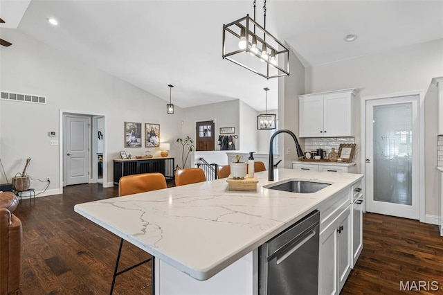 105 Shepherd Mountain Rd, Farmington, MO 63640 - kitchen featuring a sink, dishwasher, a chandelier, dark wood finished floors, and high vaulted ceiling