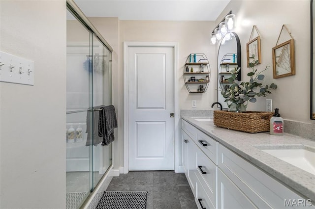 105 Shepherd Mountain Rd, Farmington, MO 63640 - full bathroom featuring a shower stall, double vanity, and tile patterned flooring