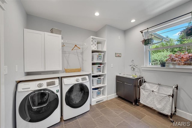 409 Pawnee Dr, Irondale, MO 63648 - clothes washing area featuring cabinet space, washer and clothes dryer, recessed lighting, and baseboards
