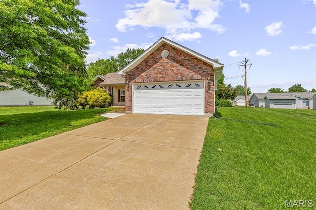 601 John David Dr, Farmington, MO 63640 - view of front of house featuring brick siding, concrete driveway, a front lawn, and an attached garage