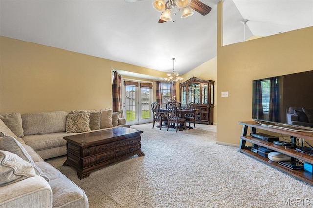 601 John David Dr, Farmington, MO 63640 - living area featuring a chandelier, carpet floors, a ceiling fan, and high vaulted ceiling