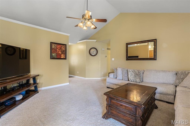 601 John David Dr, Farmington, MO 63640 - living room featuring a ceiling fan, baseboards, carpet floors, and high vaulted ceiling