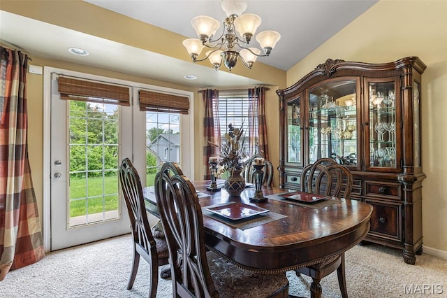 601 John David Dr, Farmington, MO 63640 - dining area with a chandelier, light colored carpet, lofted ceiling, and recessed lighting