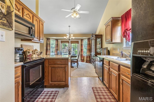 601 John David Dr, Farmington, MO 63640 - kitchen with black appliances, a sink, ceiling fan, a chandelier, and light countertops