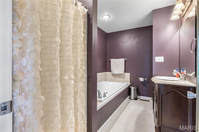 601 John David Dr, Farmington, MO 63640 - full bath featuring vanity, a garden tub, tile patterned flooring, baseboards, and a shower with curtain