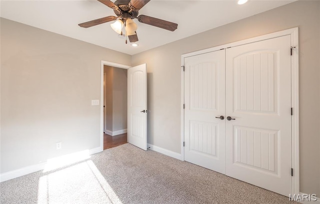 11175 Lexington Ln, Rolla, MO 65401 - unfurnished bedroom featuring carpet flooring, a closet, recessed lighting, baseboards, and a ceiling fan
