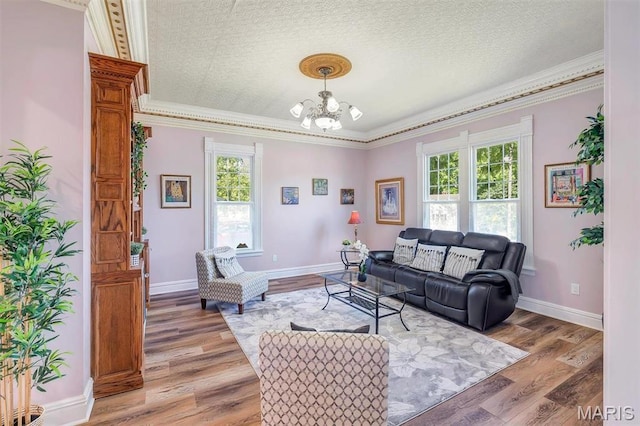 100 Lewis St, Troy, MO 63379 - living area featuring crown molding, a chandelier, plenty of natural light, light wood-style flooring, and baseboards