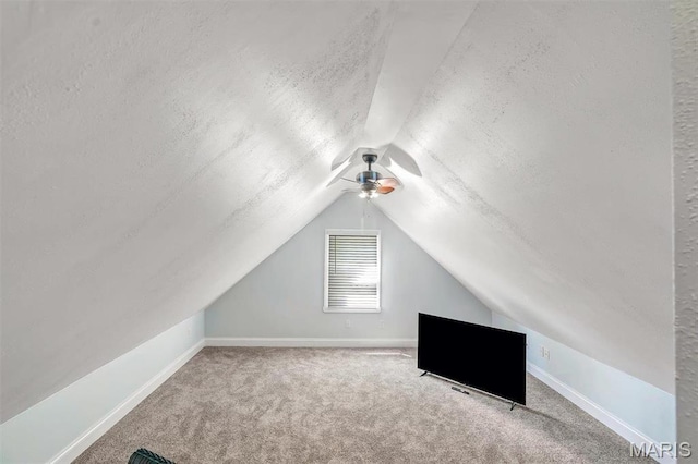 100 Lewis St, Troy, MO 63379 - additional living space with a textured ceiling, carpet, vaulted ceiling, ceiling fan, and baseboards