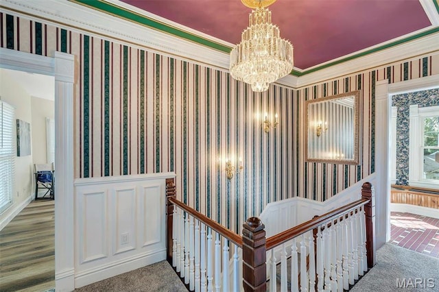 100 Lewis St, Troy, MO 63379 - hall with an upstairs landing, a chandelier, and carpet flooring
