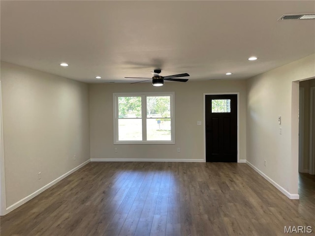 110 Lynn Dr, Sikeston, MO 63801 - foyer with recessed lighting, baseboards, dark wood-style floors, and ceiling fan