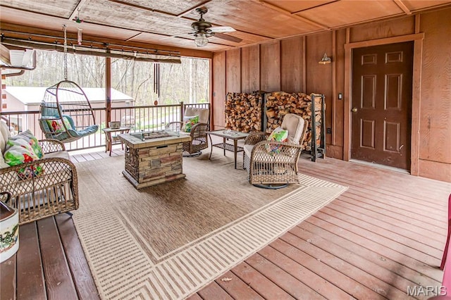 234 SE 350th St, Carrollton, IL 62016 - wooden deck with a ceiling fan and an outdoor living space with a fire pit