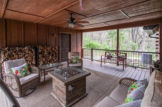 234 SE 350th St, Carrollton, IL 62016 - deck featuring an outdoor living space with a fire pit and ceiling fan