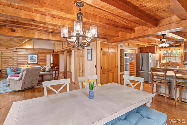 234 SE 350th St, Carrollton, IL 62016 - dining room featuring wooden ceiling, rustic walls, light wood-style floors, beam ceiling, and a chandelier