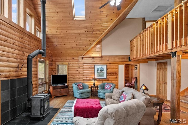 234 SE 350th St, Carrollton, IL 62016 - living area with a wood stove, high vaulted ceiling, a ceiling fan, log walls, and wood finished floors