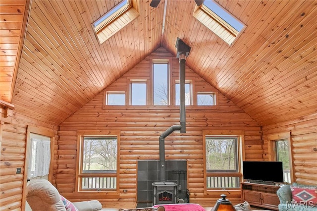 234 SE 350th St, Carrollton, IL 62016 - living area with a wood stove, a skylight, high vaulted ceiling, plenty of natural light, and rustic walls
