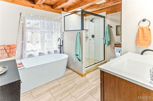 234 SE 350th St, Carrollton, IL 62016 - full bathroom with a stall shower, beamed ceiling, vanity, a freestanding bath, and wood ceiling