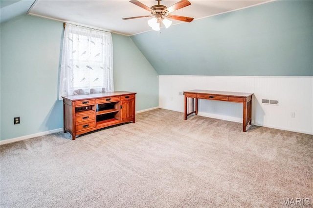 234 SE 350th St, Carrollton, IL 62016 - additional living space with a ceiling fan, lofted ceiling, light carpet, and baseboards
