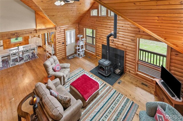 234 SE 350th St, Carrollton, IL 62016 - living area with a wood stove, log walls, wooden ceiling, a ceiling fan, and wood-type flooring