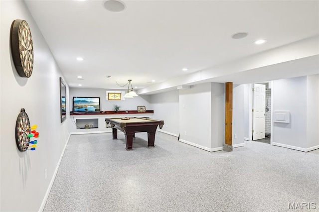 rec room with baseboards, recessed lighting, pool table, and speckled floor