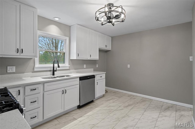 1399 Valli Ln, Saint Charles, MO 63304 - kitchen featuring stainless steel dishwasher, a sink, light marble finish flooring, light countertops, and white cabinetry