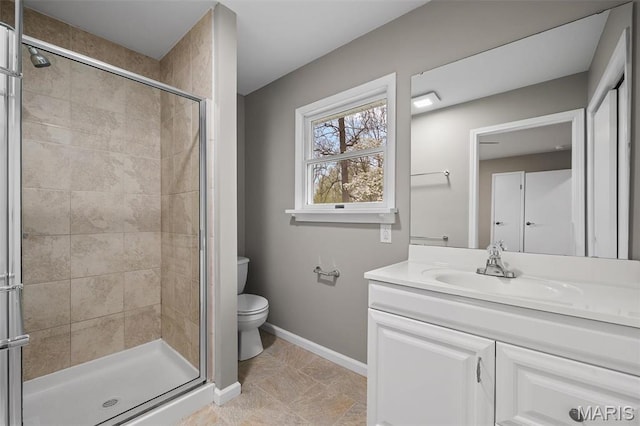 1399 Valli Ln, Saint Charles, MO 63304 - bathroom featuring a shower stall, toilet, baseboards, and vanity