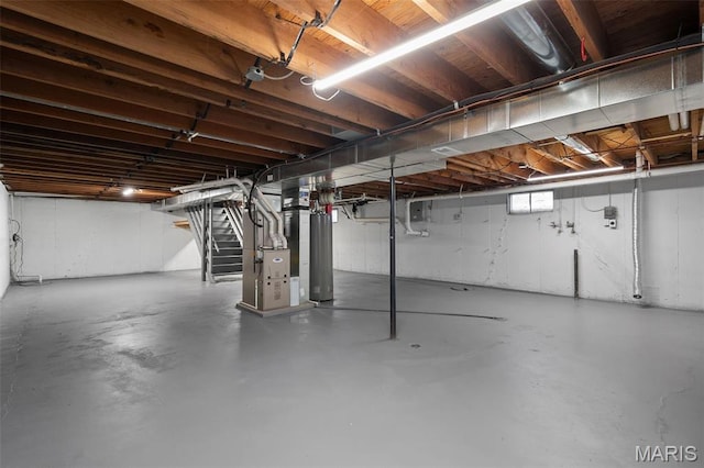 1399 Valli Ln, Saint Charles, MO 63304 - unfinished basement with stairs, gas water heater, and heating unit