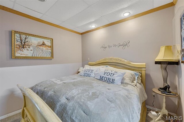 305 N Main St, Saint Genevieve, MO 63670 - bedroom featuring ornamental molding, baseboards, a drop ceiling, carpet, and recessed lighting