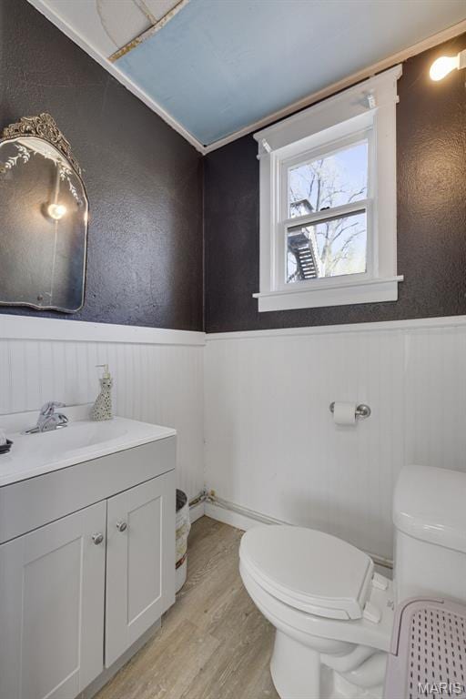 305 N Main St, Saint Genevieve, MO 63670 - bathroom featuring wainscoting, toilet, wood finished floors, and vanity