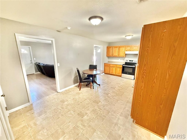113 N Long St, Bonne Terre, MO 63628 - kitchen featuring range with electric stovetop, under cabinet range hood, baseboards, and light countertops